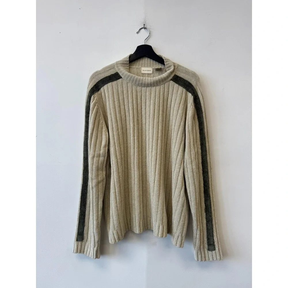 VTG Falls Creek Sweater Mens XL Beige Green Stripe Ribbed Knit Crewneck Pullover